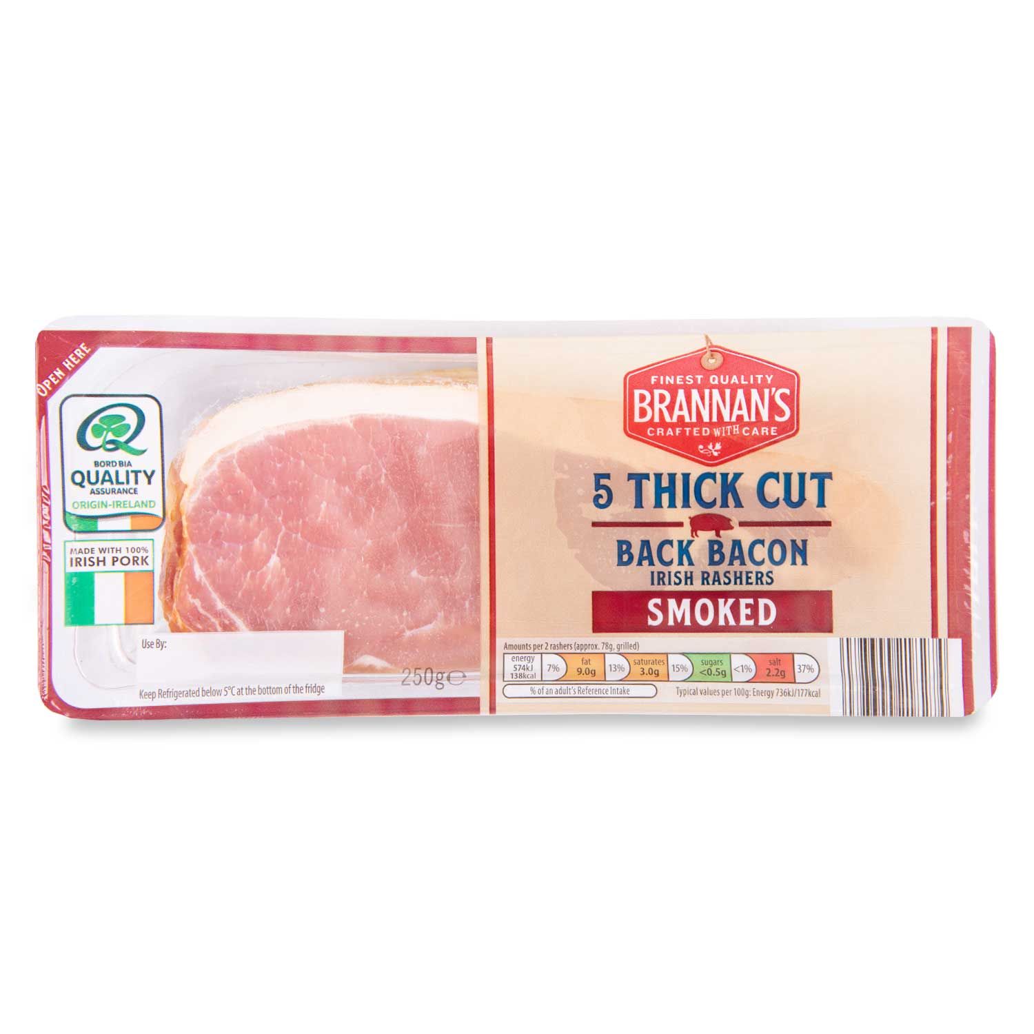 Irish Thick Smoked Cut Back Bacon Rashers 250g 5 Pack Brannan's